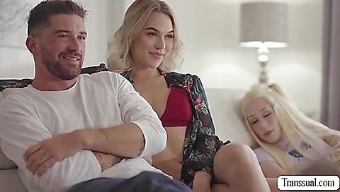 Big-titted blonde shemale with a huge ass sucks a cock