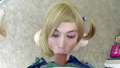 Amateur blonde shemale in lingerie is deep throated by black man