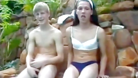 Brunette in a sexy lingerie is having a hot fuck in the woods